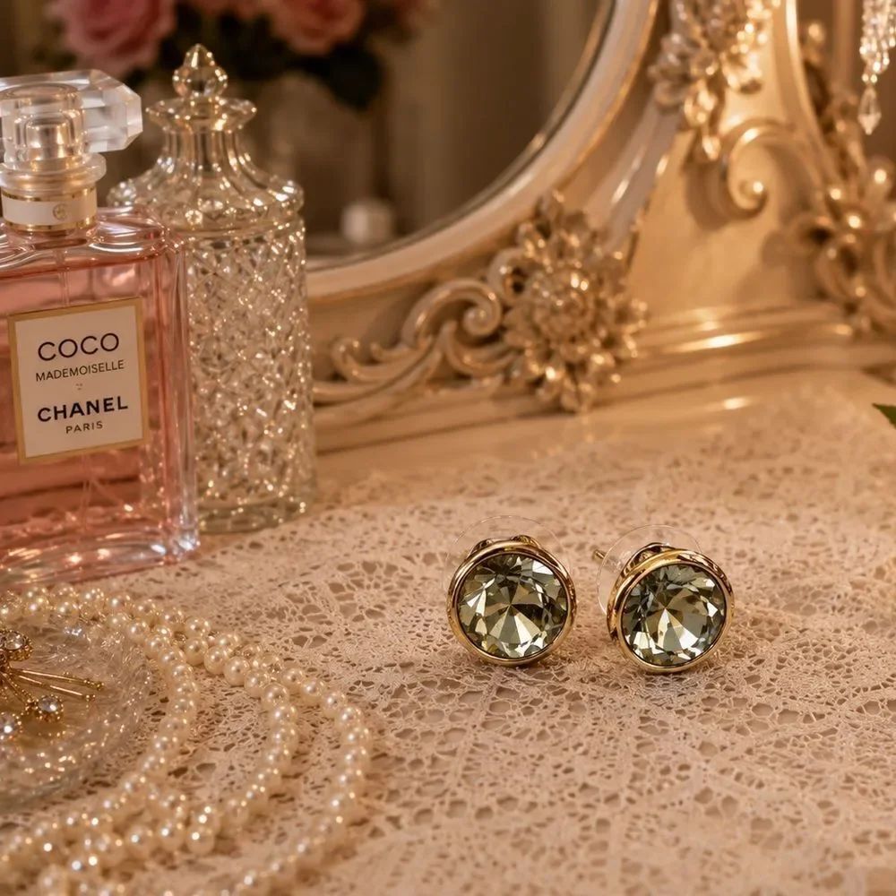 Gold-Trim Gray Blue Noor Crystal Stud Bezel Set Earrings